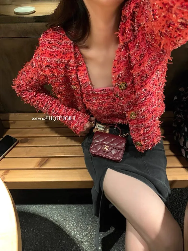 2023 Autumn and Winter New Hong Kong Style Retro Small Fragrance Heavy Industry Woven Short Jacket Camisole Women's Two-piece Su