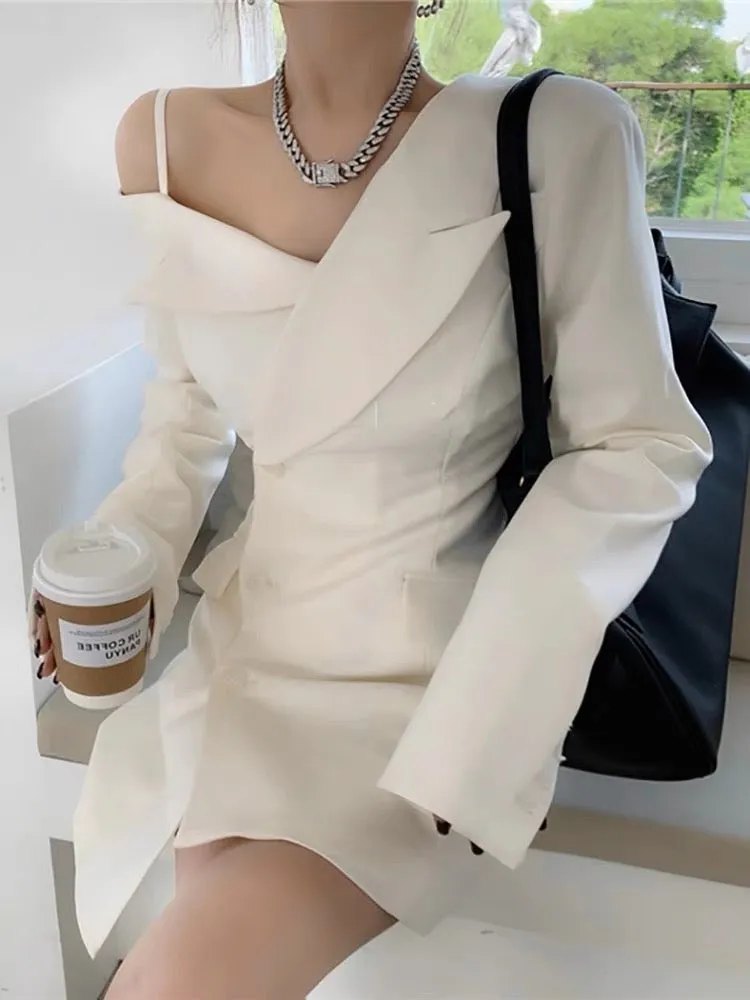 2023 new style French semi-off-the-shoulder suspender suit jacket design niche waist slimming dress for women in autumn