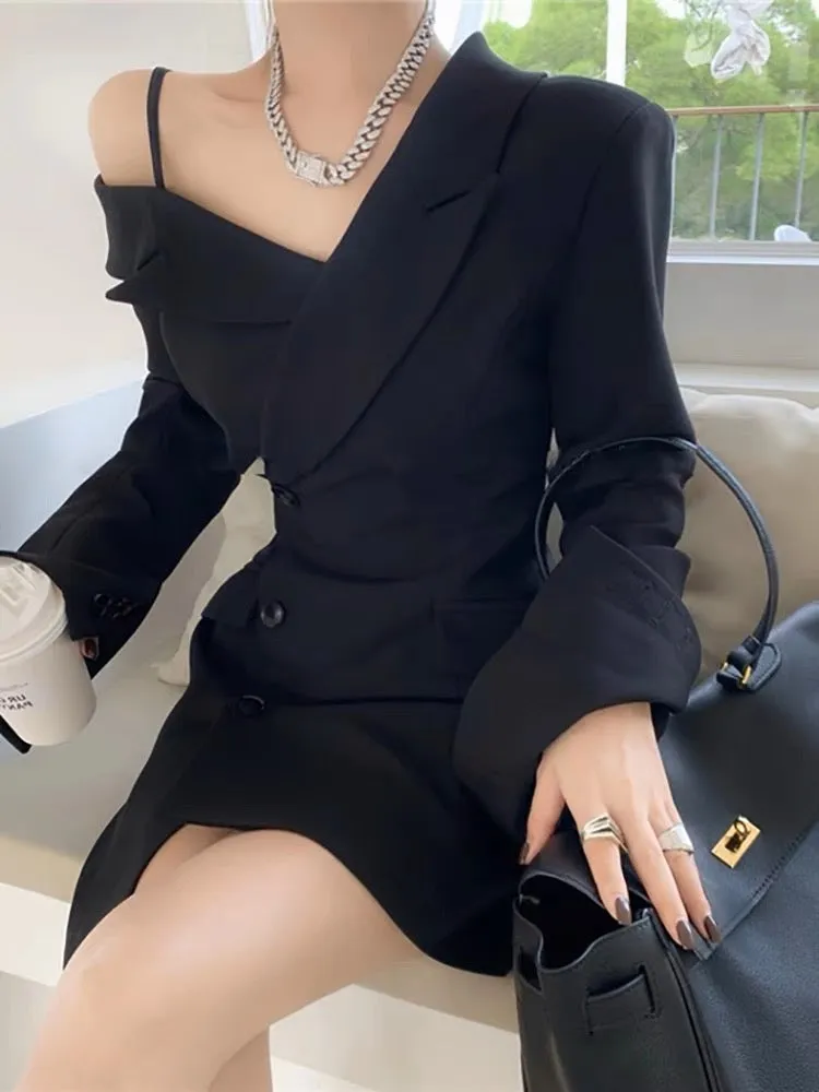 2023 new style French semi-off-the-shoulder suspender suit jacket design niche waist slimming dress for women in autumn