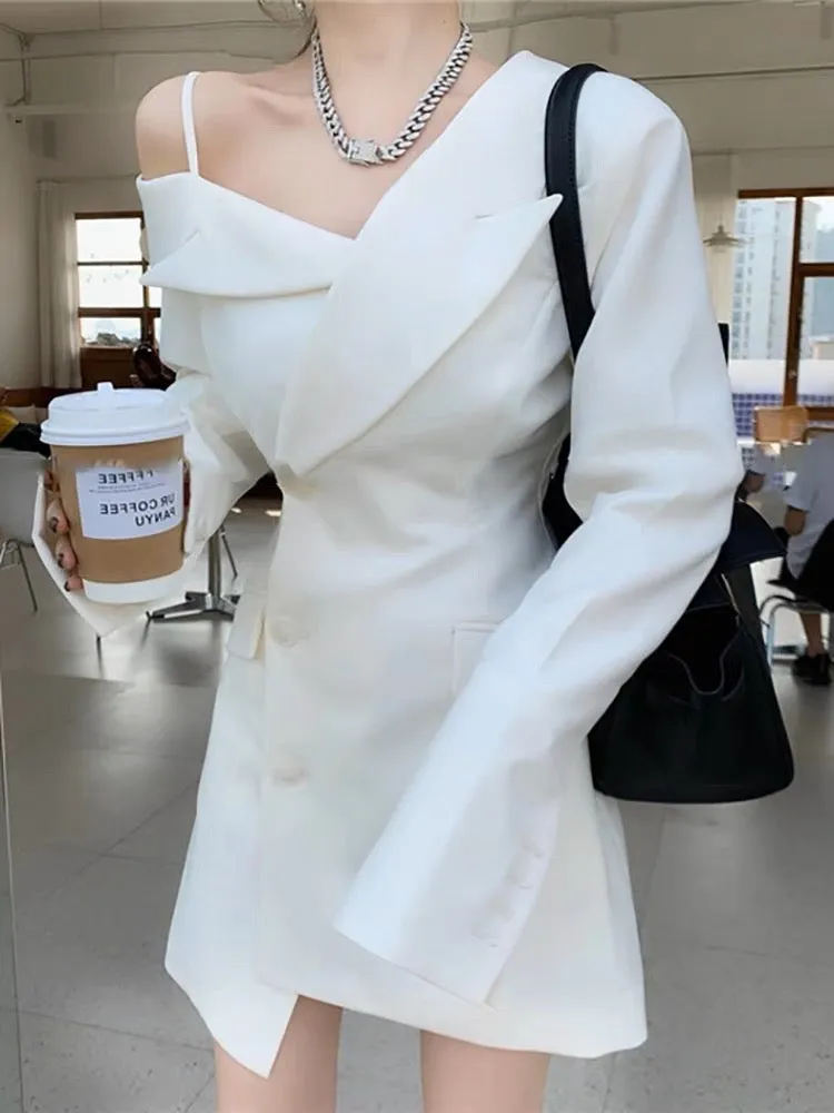 2023 new style French semi-off-the-shoulder suspender suit jacket design niche waist slimming dress for women in autumn