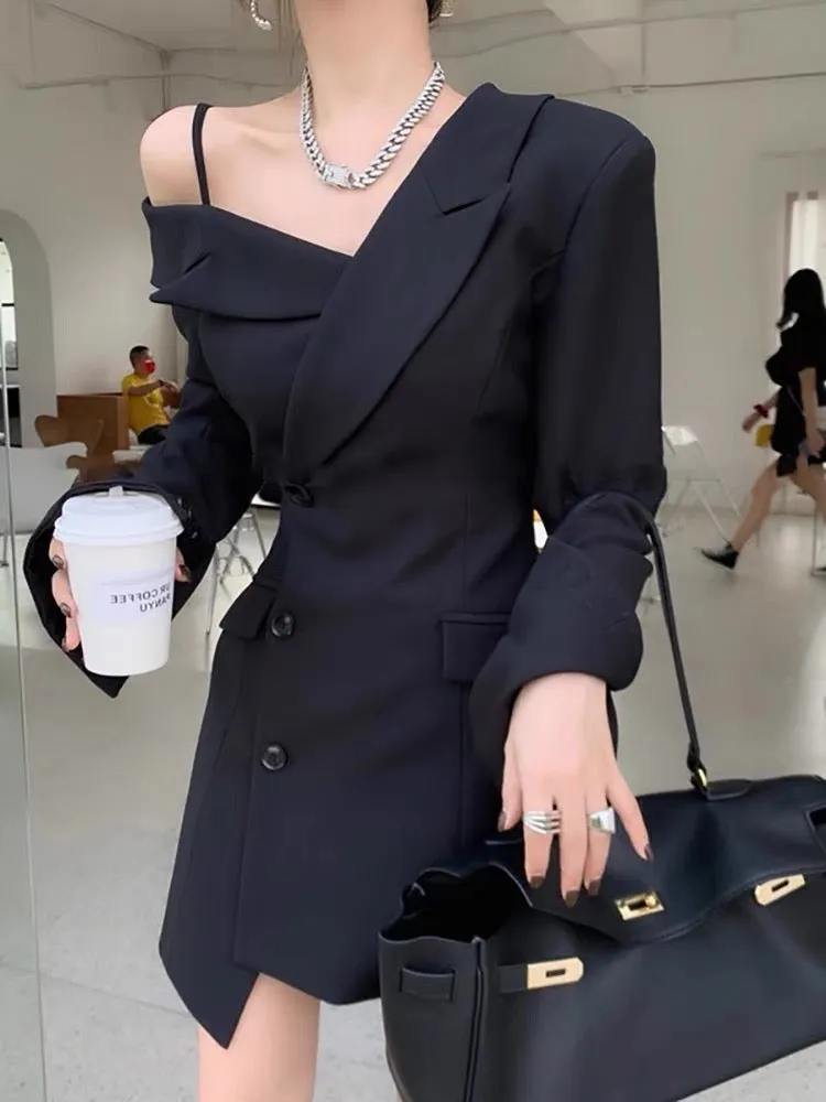 2023 new style French semi-off-the-shoulder suspender suit jacket design niche waist slimming dress for women in autumn