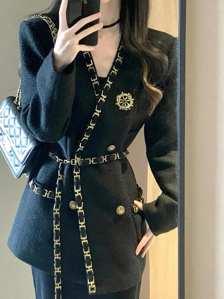 2023 spring new style small fragrance suit for women, high-end and elegant lady black suit jacket and skirt two-piece set