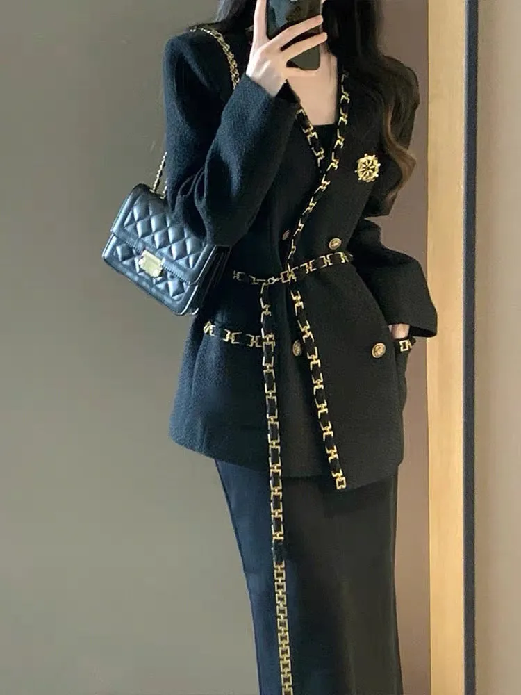 2023 spring new style small fragrance suit for women, high-end and elegant lady black suit jacket and skirt two-piece set