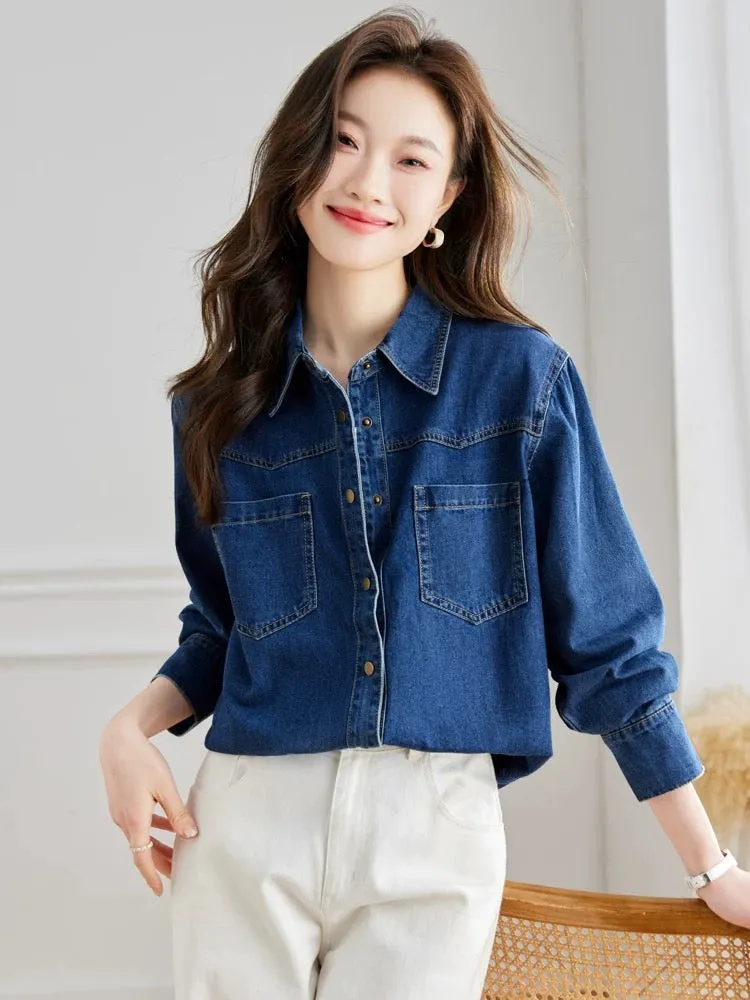 2024 early spring new women's retro denim shirt long-sleeved small popular style high-end short shirt jacket