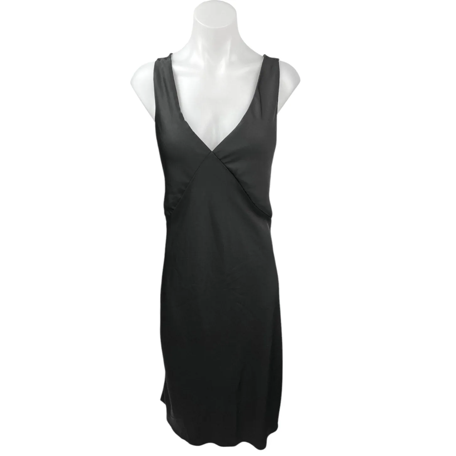 A New Day Black Silk Satin Deep V Neck Sleeveless Pullover Slip Midi Dress Sz L