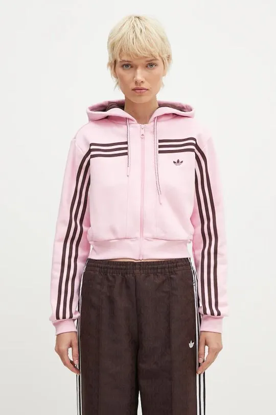 adidas Originals sweatshirt 70s Short Fullzip Fleece Hoodie women's pink color hooded with an application JN7665