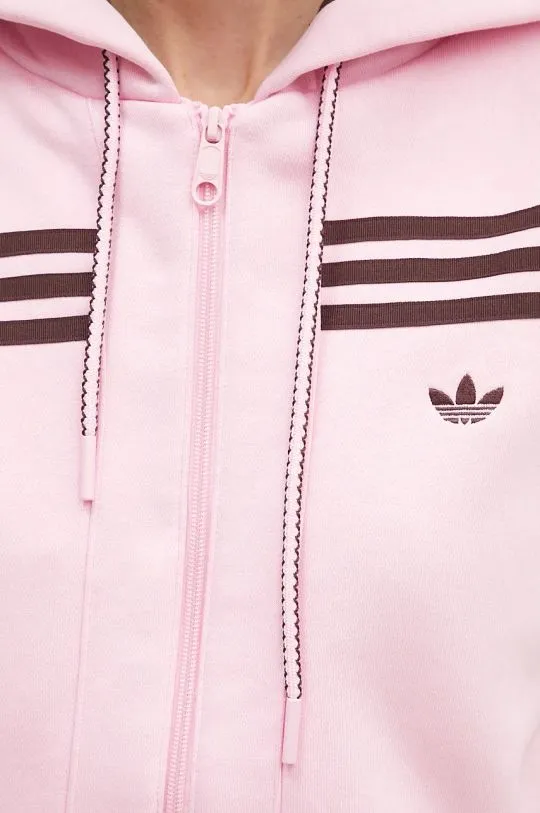 adidas Originals sweatshirt 70s Short Fullzip Fleece Hoodie women's pink color hooded with an application JN7665