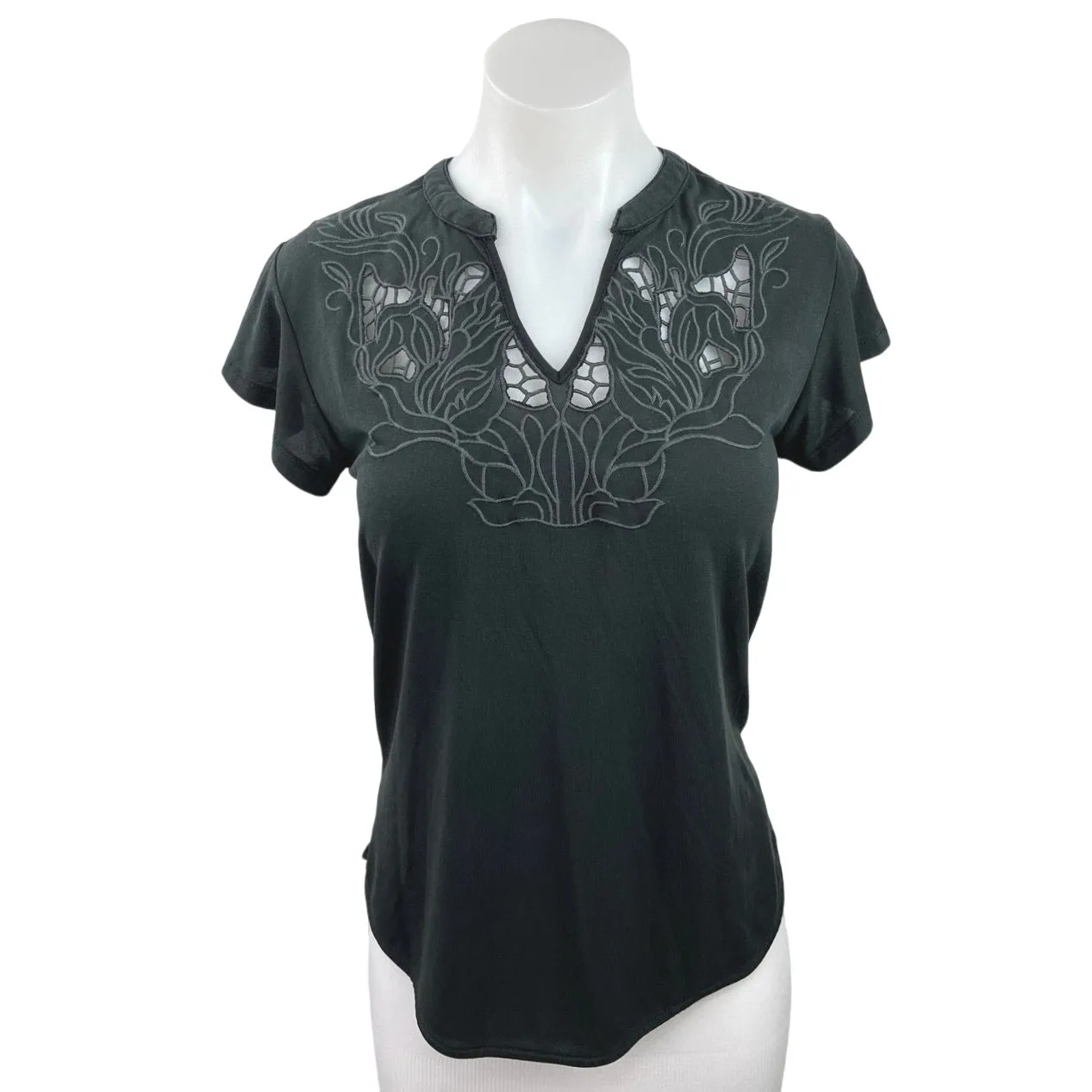 Alya Black Lace Embroidered Short Sleeve Band Collar Pullover Blouse Top Size XS