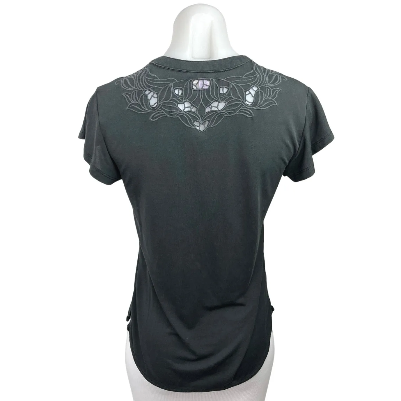 Alya Black Lace Embroidered Short Sleeve Band Collar Pullover Blouse Top Size XS