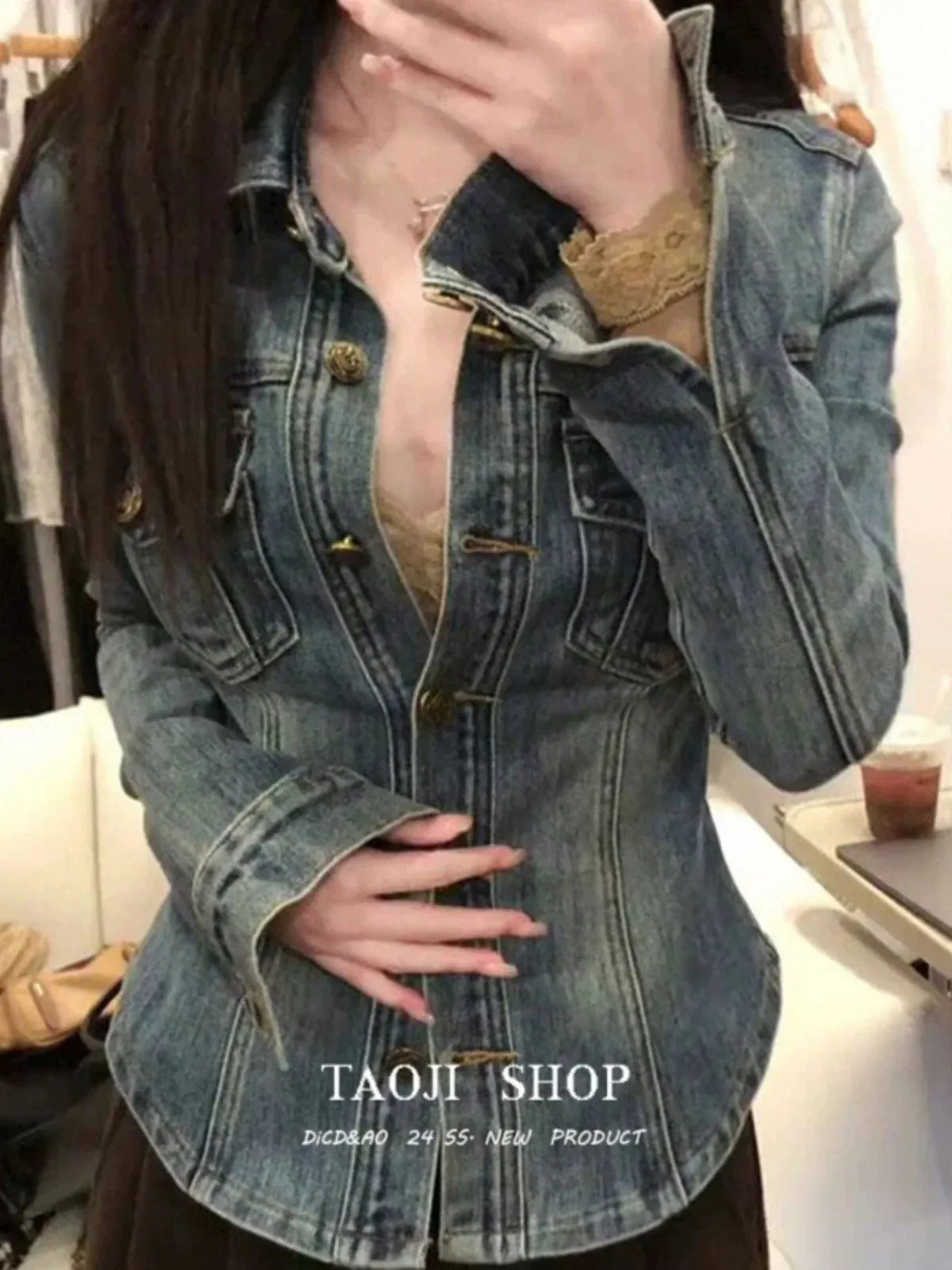 American retro blue polo collar denim shirt women's winter high-end waist slimming jacket top