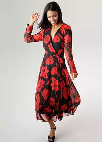 Aniston Floral Print Long Sleeve Wrap Midi Dress | Kaleidoscope