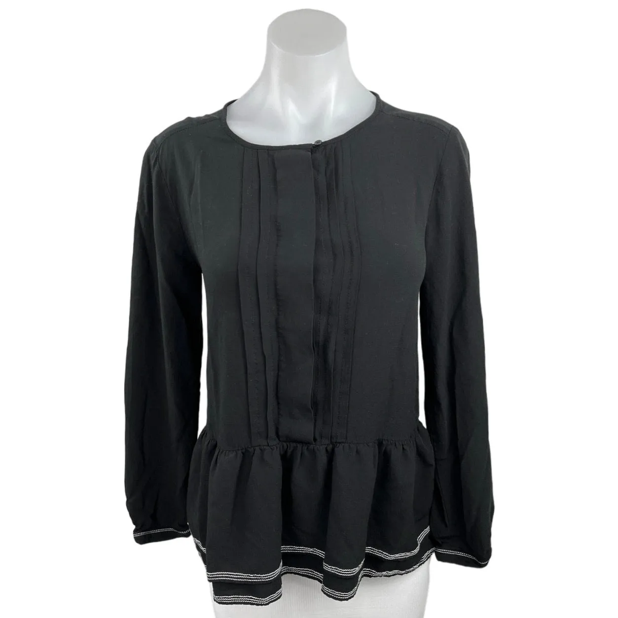 Ann Taylor LOFT Black Pintuck Pullover Long Sleeve Peplum Blouse Top Size S