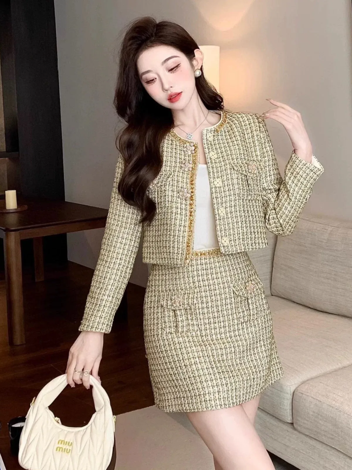 Autumn and winter new Nanyou European niche designer style small fragrant braided beaded jacket high-waisted A-line skirt suit