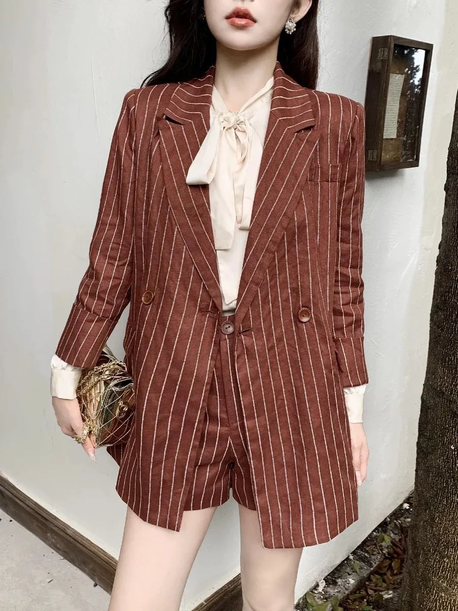 Autumn new high-quality women's two-piece loose striped suit jacket shorts casual and capable professional suit