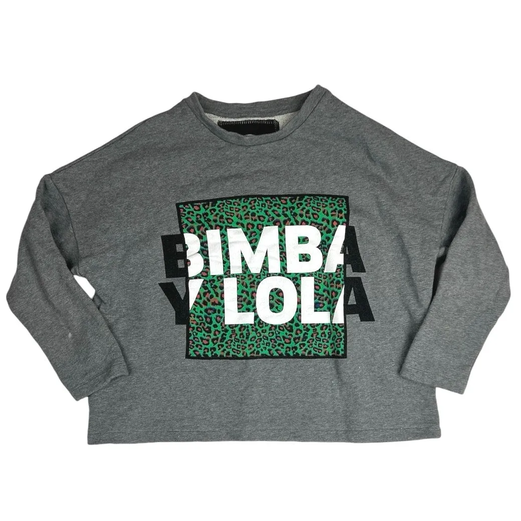 Bimba Y Lola Gray Green Leopard Graphic Pullover Crop Long Sleeve Tee Top Size S