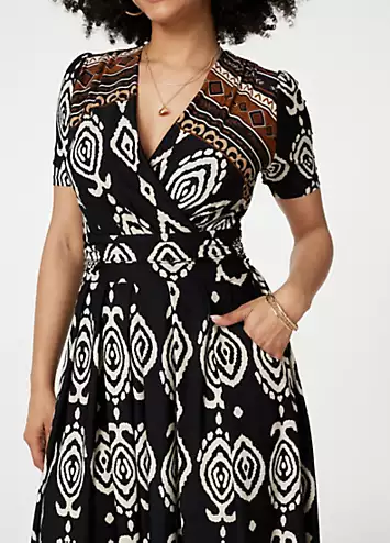 Black & White Printed Short Sleeve Pleated Wrap Dress by Izabel London | Look Again