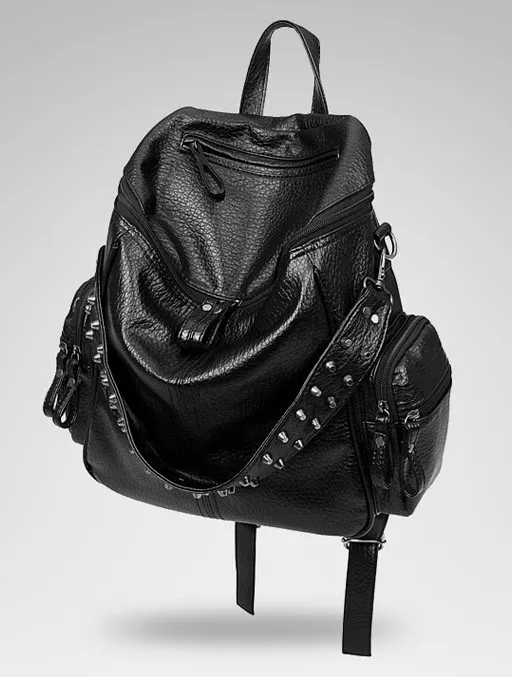 Black Blunt Studs Soft Lambskin Vintage School Punk Rock Hobo Bag Rider Backpack