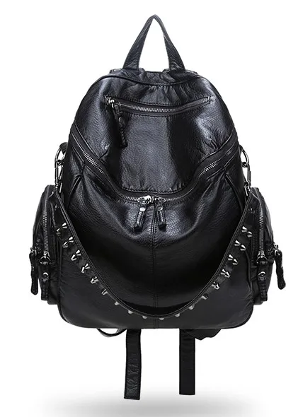 Black Blunt Studs Soft Lambskin Vintage School Punk Rock Hobo Bag Rider Backpack