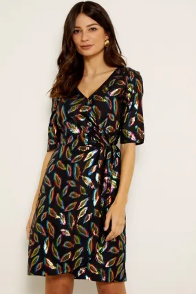 Black Metallic Feather Print Wrap Front Dress