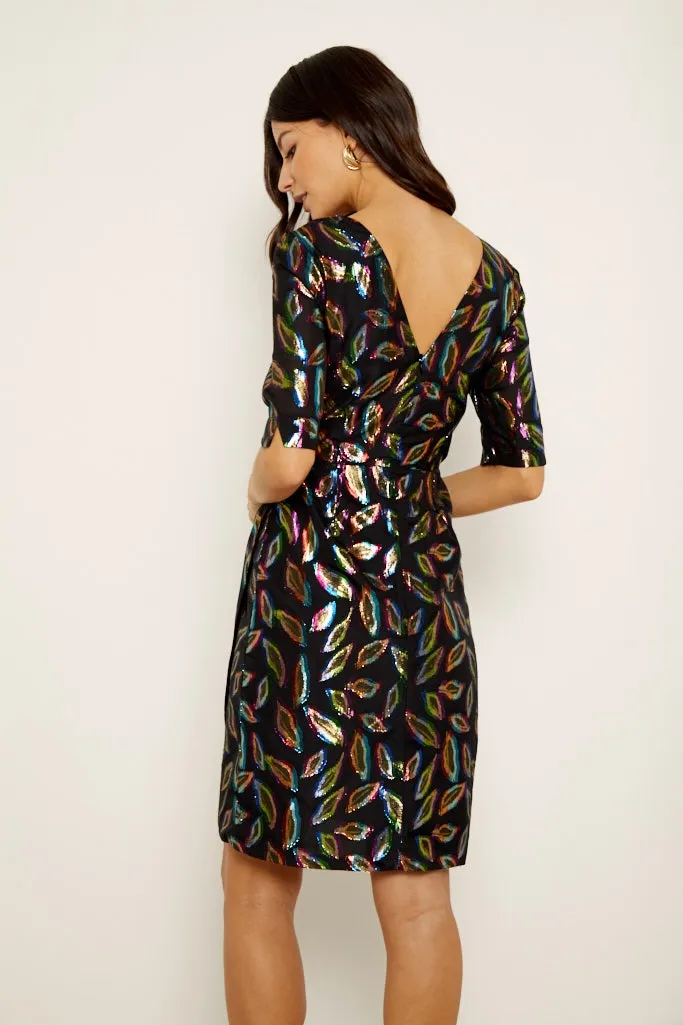 Black Metallic Feather Print Wrap Front Dress