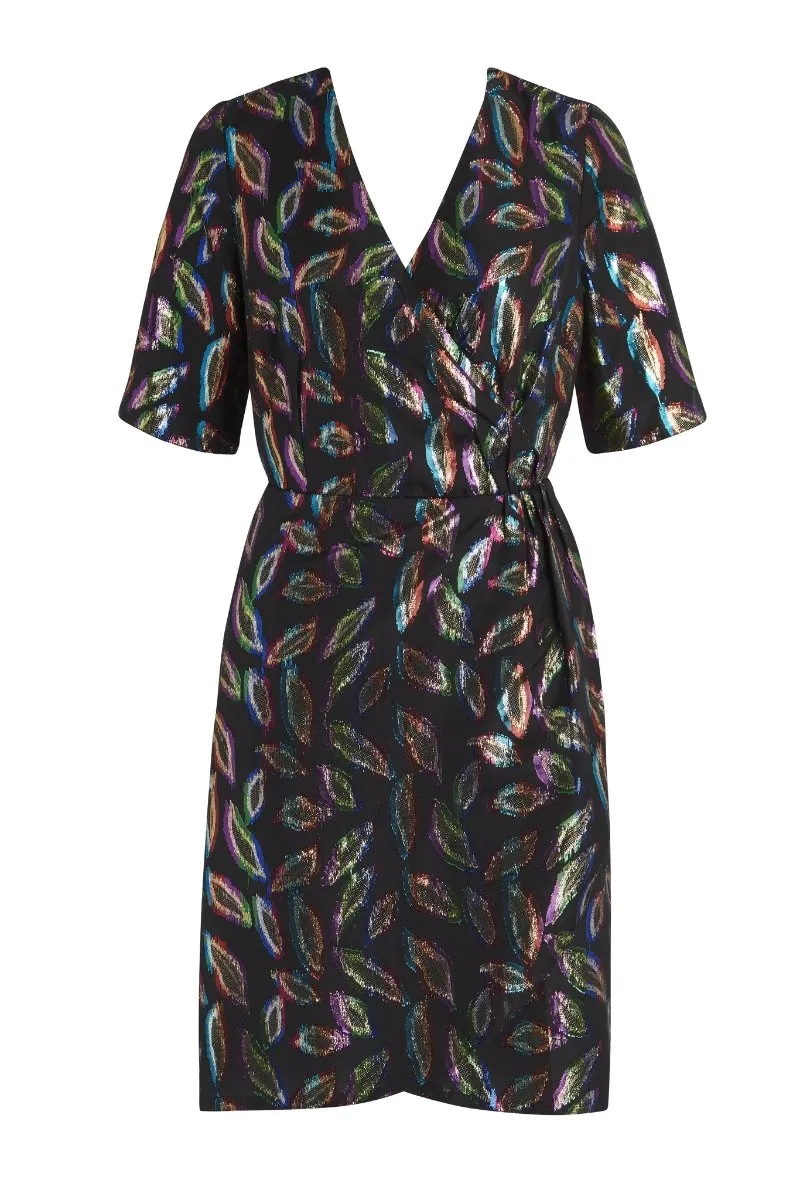 Black Metallic Feather Print Wrap Front Dress