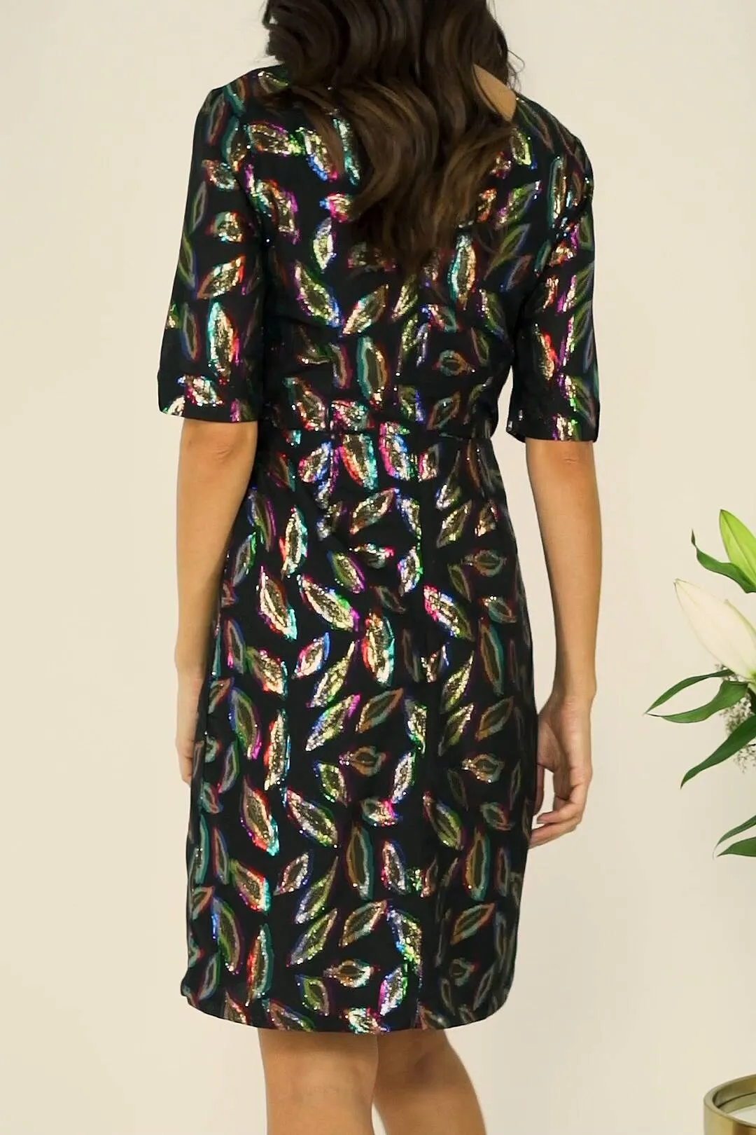 Black Metallic Feather Print Wrap Front Dress