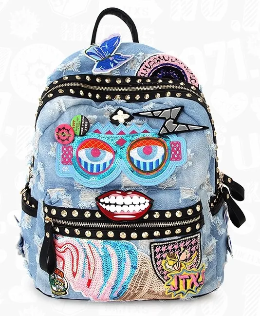 Blue Black Denim Jeans Sequins Embroidery Applique Metal Studs Gothic Punk Rock Backpack