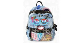 Blue Black Denim Jeans Sequins Embroidery Applique Metal Studs Gothic Punk Rock Backpack