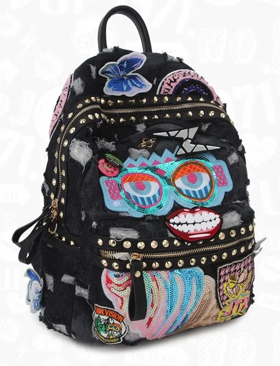 Blue Black Denim Jeans Sequins Embroidery Applique Metal Studs Gothic Punk Rock Backpack