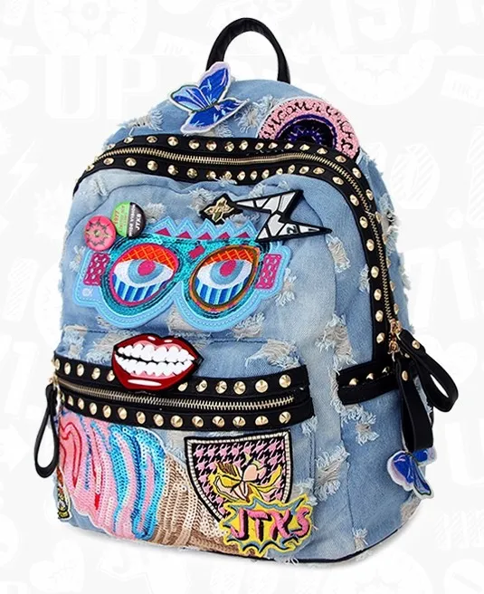 Blue Black Denim Jeans Sequins Embroidery Applique Metal Studs Gothic Punk Rock Backpack