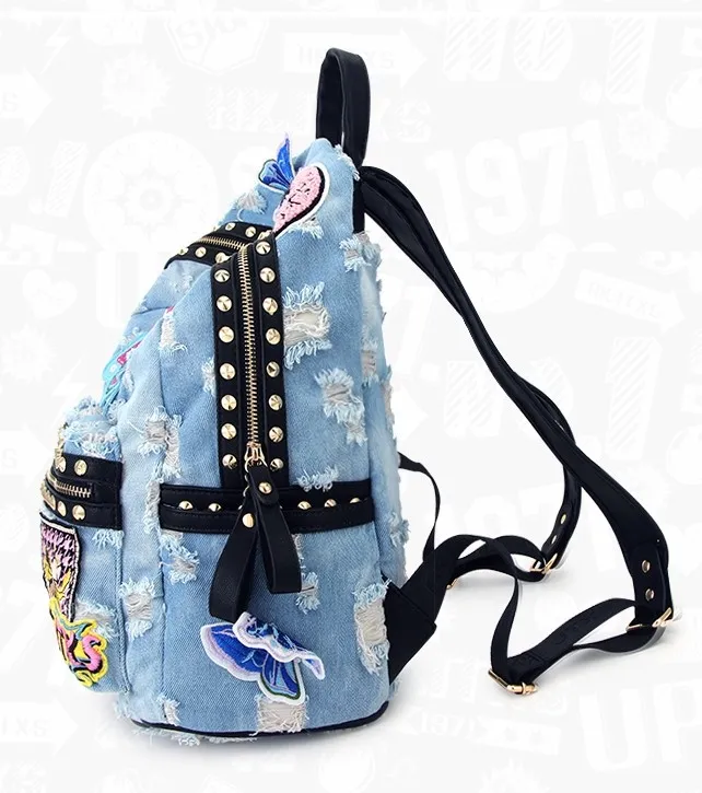 Blue Black Denim Jeans Sequins Embroidery Applique Metal Studs Gothic Punk Rock Backpack