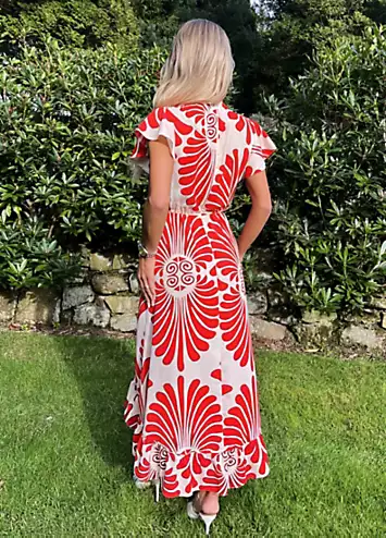 Burnt Orange Abstract Print Wrap Over High Low Frill Hem Midi Dress by AX Paris | Look Again