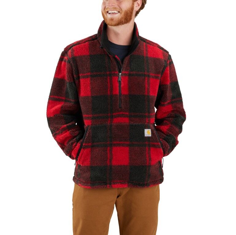 Carhartt Men's Loose Fit Fleece Pullover in Crabapple/Black Plaid