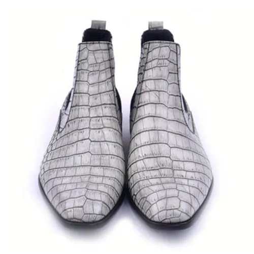 CORRENTE Embossed Crocodile Print Leather Grey Ankle Boot