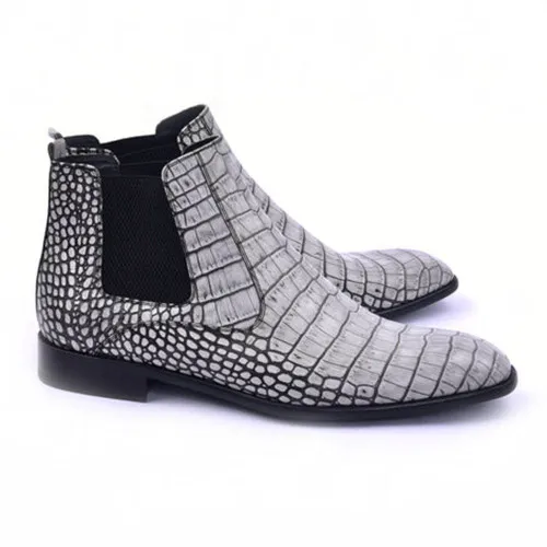 CORRENTE Embossed Crocodile Print Leather Grey Ankle Boot