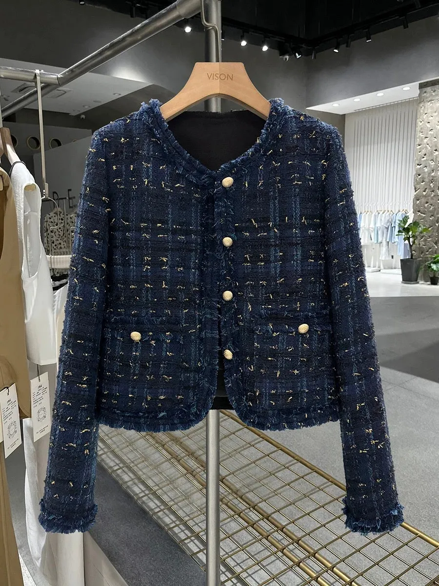 Dark blue high-quality textured short fragrant jacket for women 2024 new autumn and winter light luxury and exquisite trendy top