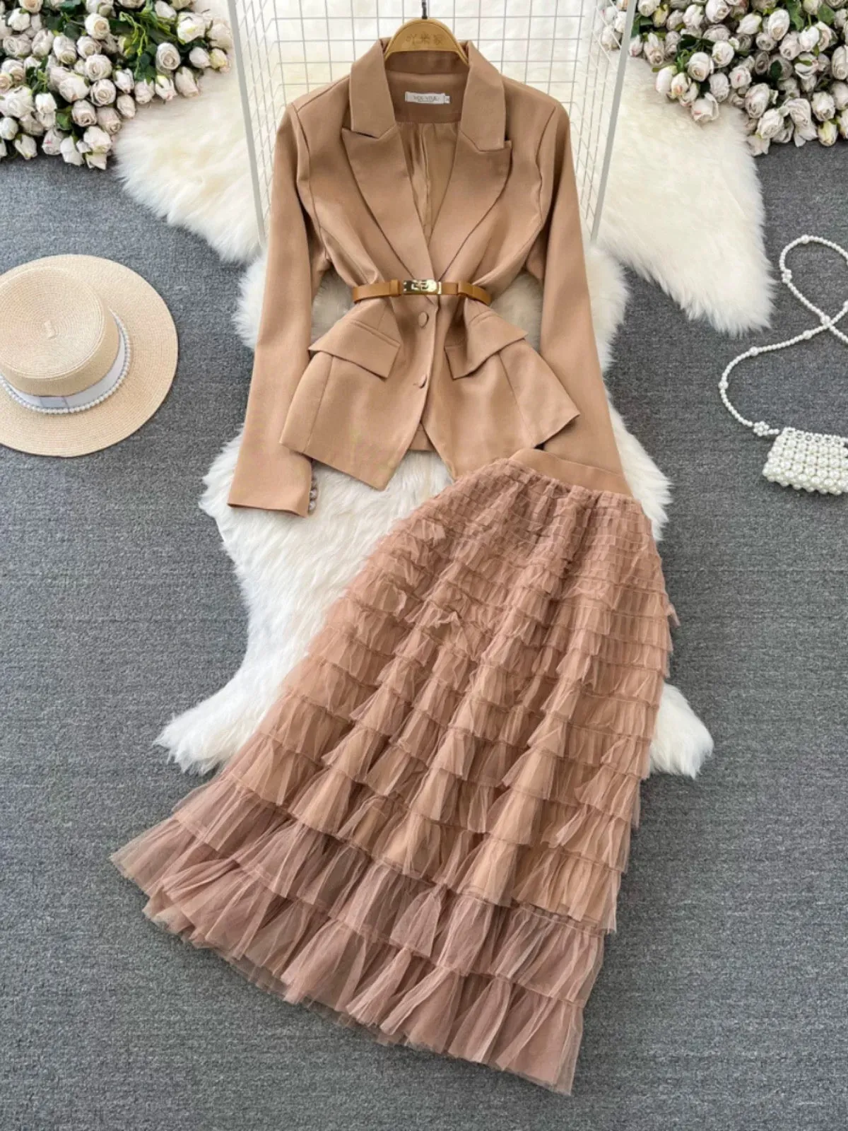 Fashion suit, ladylike temperament suit jacket, two-piece high-waisted slimming A-line layered mesh cake skirt