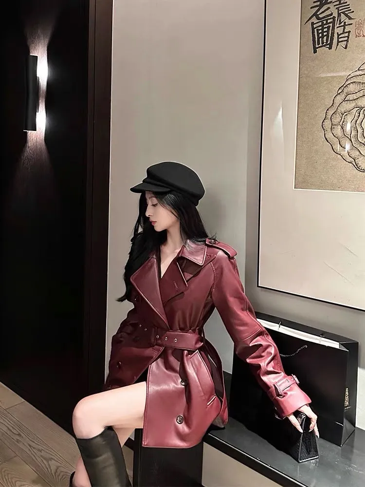 For Fay Early Autumn Bordeaux Red Leather Jacket Women's High-end Design Hong Kong Style Retro Casual All-match Top