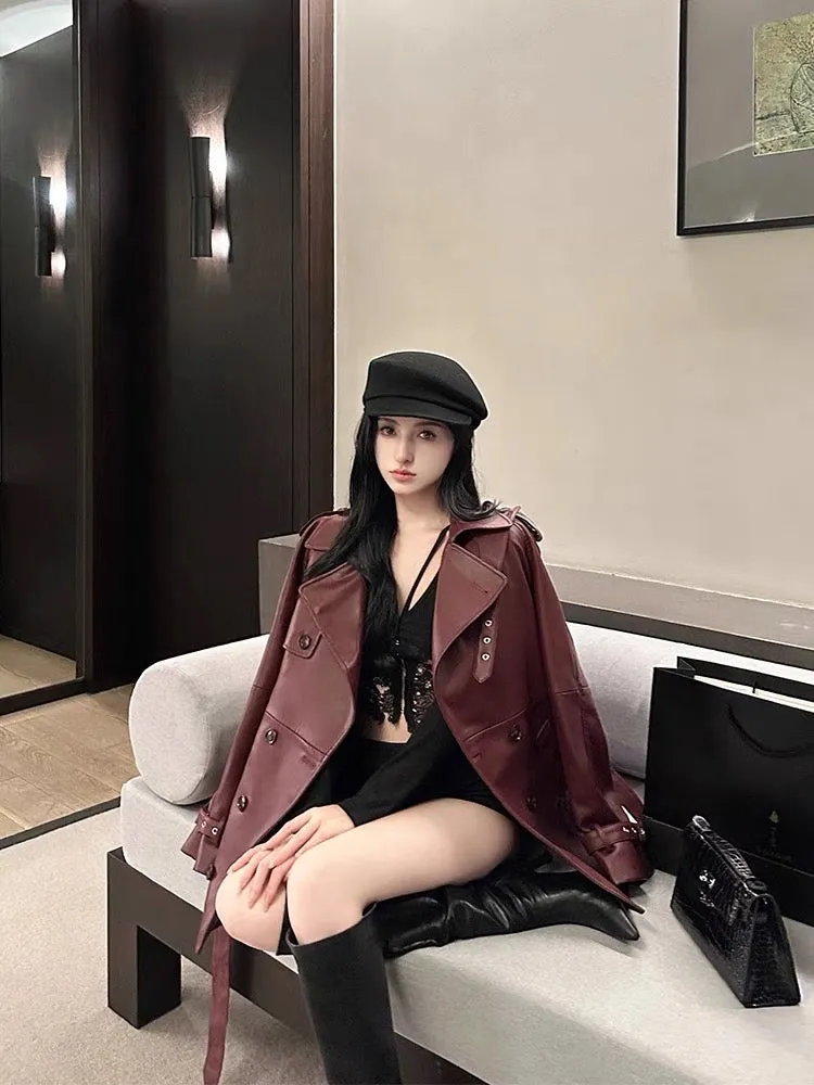 For Fay Early Autumn Bordeaux Red Leather Jacket Women's High-end Design Hong Kong Style Retro Casual All-match Top