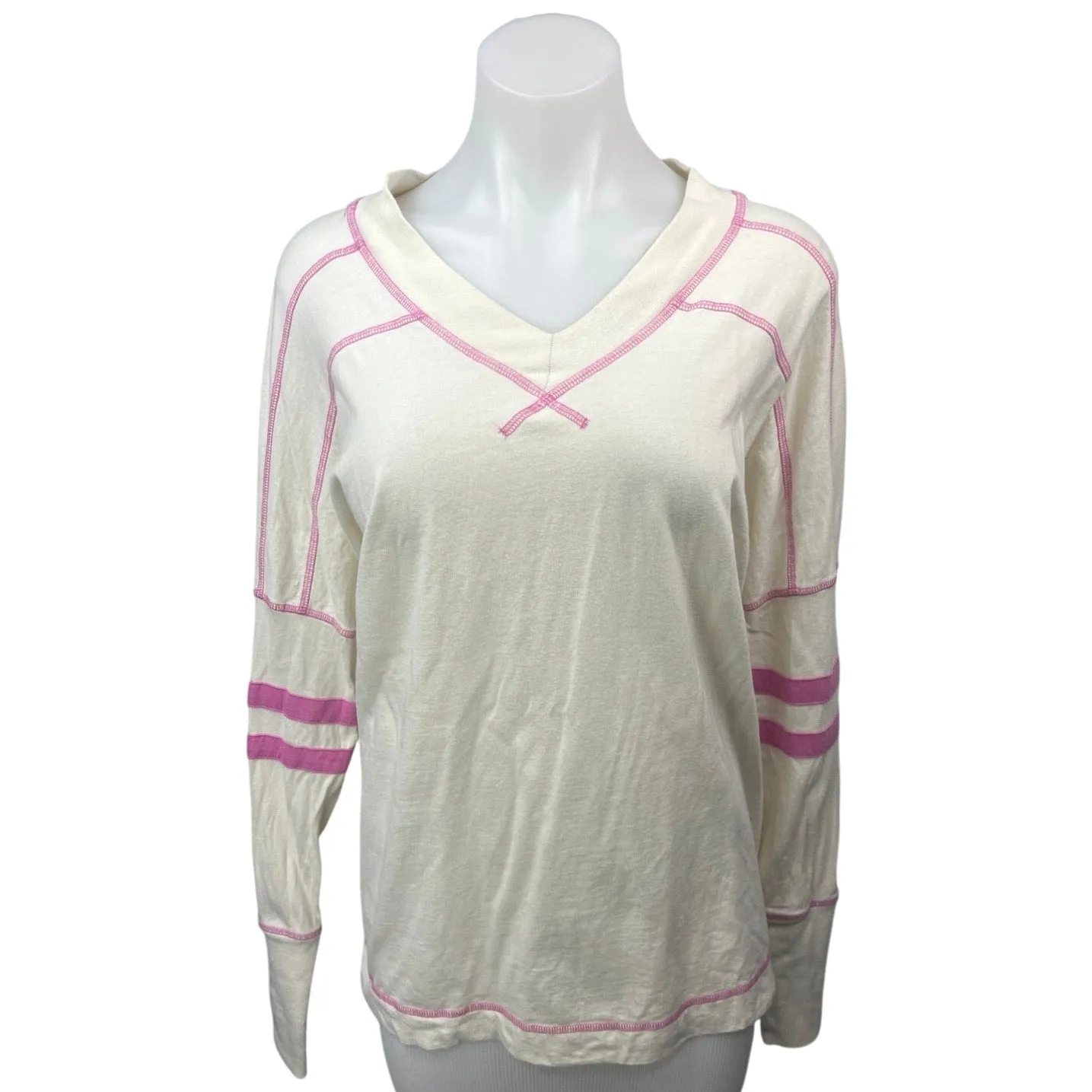 Free People Cream Pink V Neck Striped Oversized Pullover Sweatshirt Top Size S