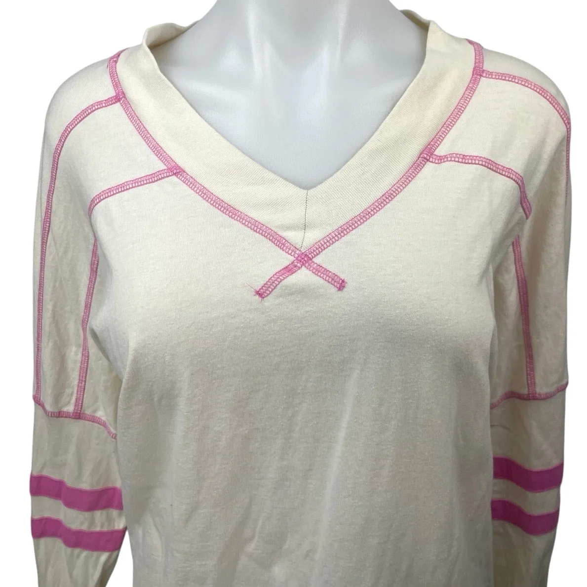 Free People Cream Pink V Neck Striped Oversized Pullover Sweatshirt Top Size S