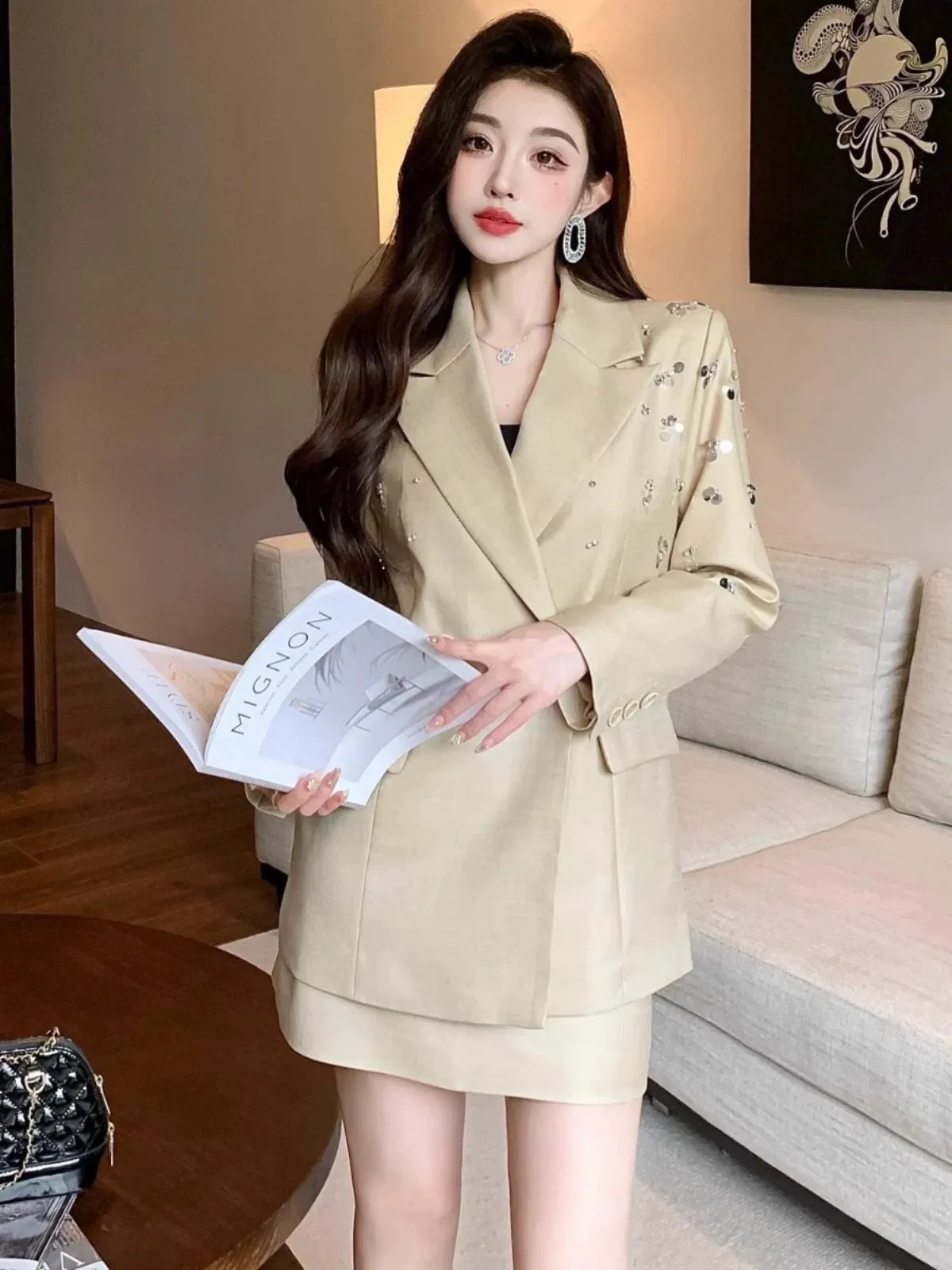 French retro heavy beaded suit jacket niche design silhouette casual slim suit short skirt British suit