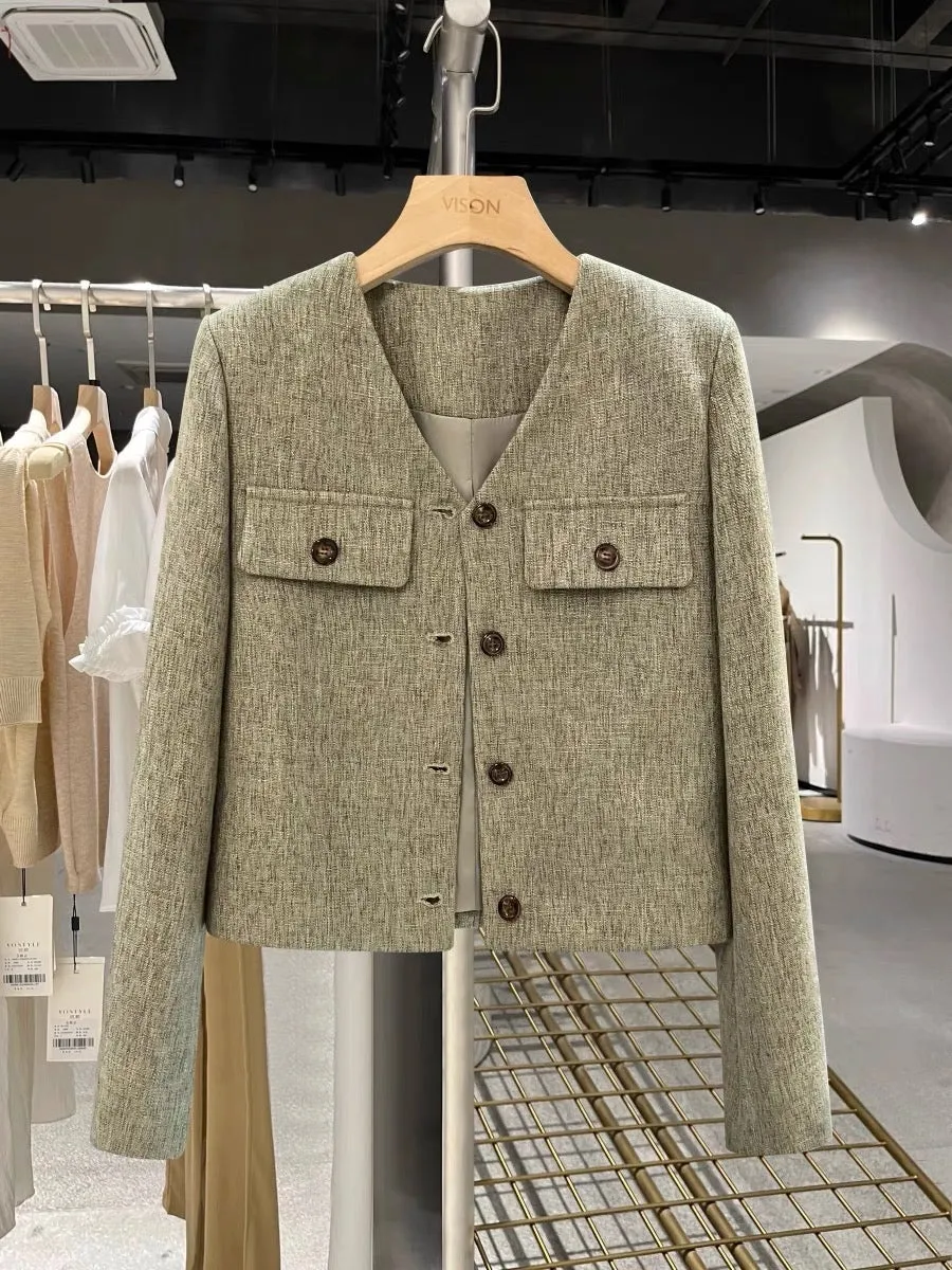 Gray-green cold suit jacket women's spring and autumn 2023 new style small fragrance temperament celebrity short suit