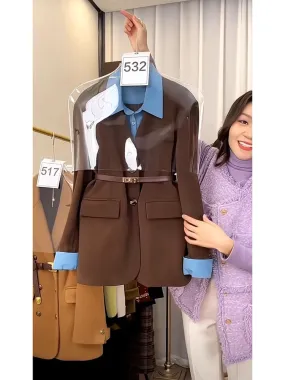 High-end street-style small suit, unique design, fake two-piece small fragrant coffee color splicing suit jacket for women in ea