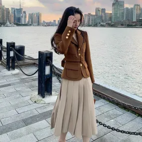 Hong Kong style suit for women, retro chic, foreign style celebrity, small fragrant street style, winter suit jacket, pleated sk