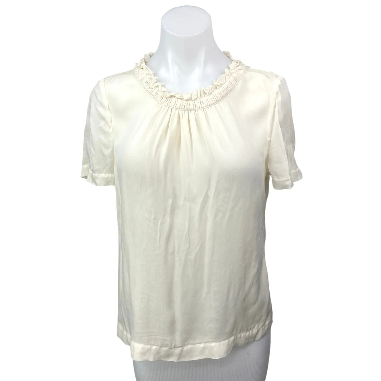 J.Crew Cream Silk Satin Ruffle Neck Short Sleeve Pullover Casual Blouse Top Sz 6