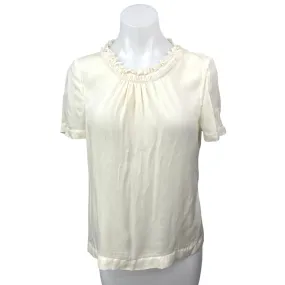 J.Crew Cream Silk Satin Ruffle Neck Short Sleeve Pullover Casual Blouse Top Sz 6