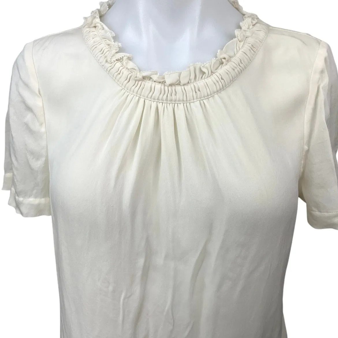 J.Crew Cream Silk Satin Ruffle Neck Short Sleeve Pullover Casual Blouse Top Sz 6