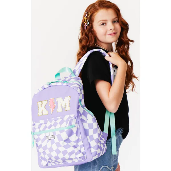 Little Chicken Checkered Pattern Backpack With Monogram Patches, Purple