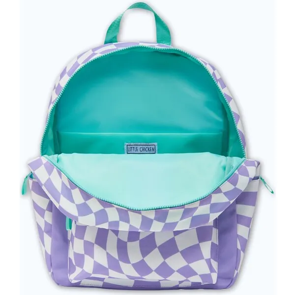 Little Chicken Checkered Pattern Backpack With Monogram Patches, Purple